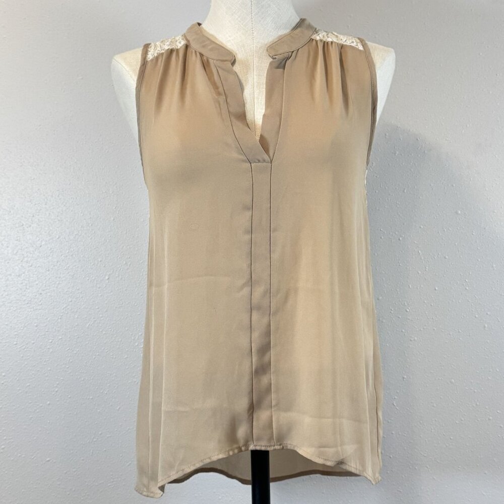 Not Forever Semi-Sheer Beige Lace Accent Sleeveless Blouse Lightweight Size M